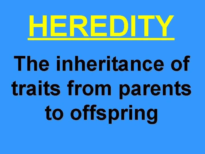HEREDITY The inheritance of traits from parents to offspring 