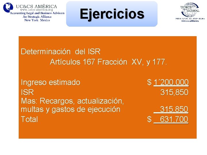 Ejercicios Determinación del ISR Artículos 167 Fracción XV, y 177. Ingreso estimado $ 1´