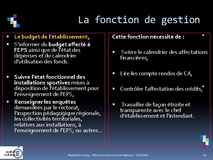 La fonction de gestion. Le budget de l'établissement, Cette fonction nécessite de : S'informer