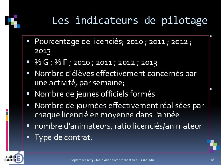 Les indicateurs de pilotage. Pourcentage de licenciés; 2010 ; 2011 ; 2012 ; 2013