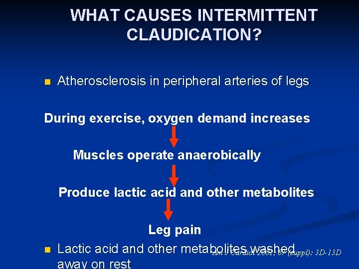 WHAT CAUSES INTERMITTENT CLAUDICATION? n Atherosclerosis in peripheral arteries of legs During exercise, oxygen