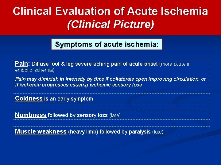 Clinical Evaluation of Acute Ischemia (Clinical Picture) Symptoms of acute ischemia: Pain Diffuse foot