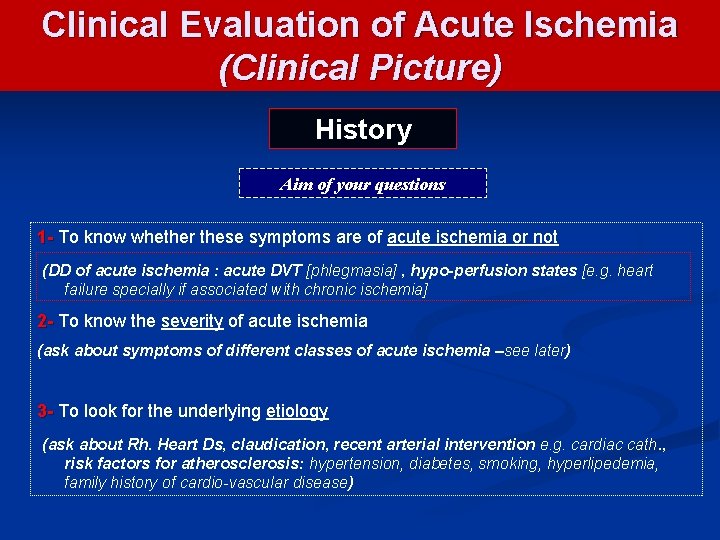 Clinical Evaluation of Acute Ischemia (Clinical Picture) History Aim of your questions 1 -