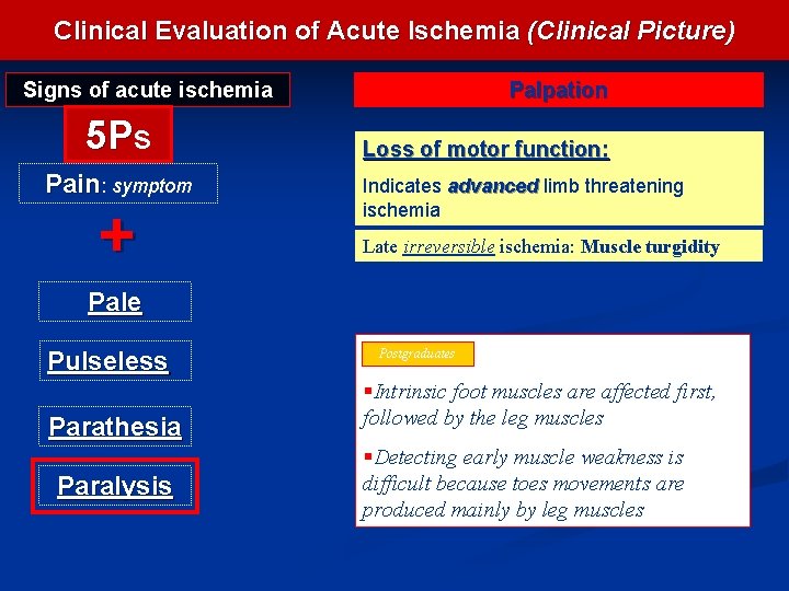 Clinical Evaluation of Acute Ischemia (Clinical Picture) Signs of acute ischemia 5 Ps Pain:
