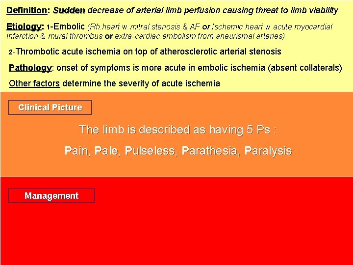 Definition: Sudden decrease of arterial limb perfusion causing threat to limb viability Etiology: 1