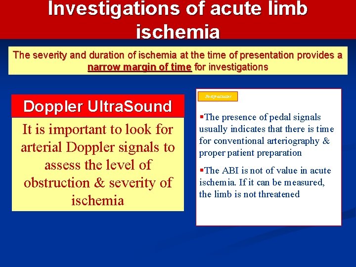 Investigations of acute limb ischemia The severity and duration of ischemia at the time