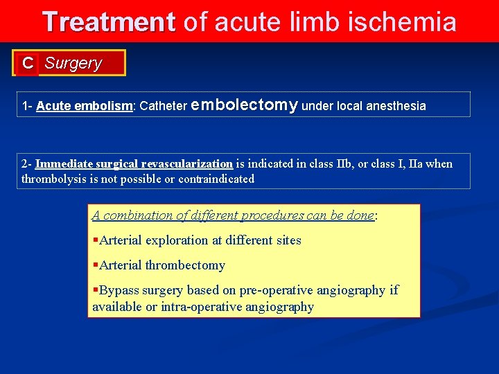 Treatment of acute limb ischemia C Surgery 1 - Acute embolism: Catheter embolectomy under