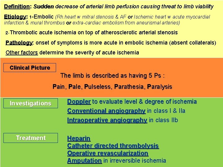 Definition: Sudden decrease of arterial limb perfusion causing threat to limb viability Etiology: 1