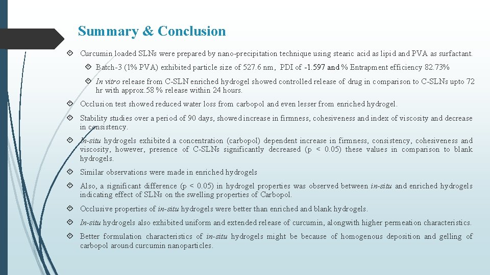 Summary & Conclusion Curcumin loaded SLNs were prepared by nano-precipitation technique using stearic acid