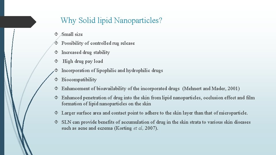 Why Solid lipid Nanoparticles? Small size Possibility of controlled rug release Increased drug stability