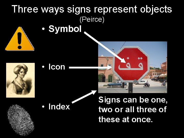 Three ways signs represent objects (Peirce) • Symbol • Icon • Index Signs can