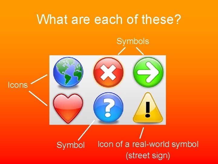 What are each of these? Symbols Icons Symbol Icon of a real-world symbol (street
