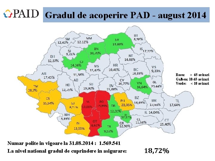 Gradul de acoperire PAD - august 2014 Rosu: > 65 avizari Galben: 10 -65