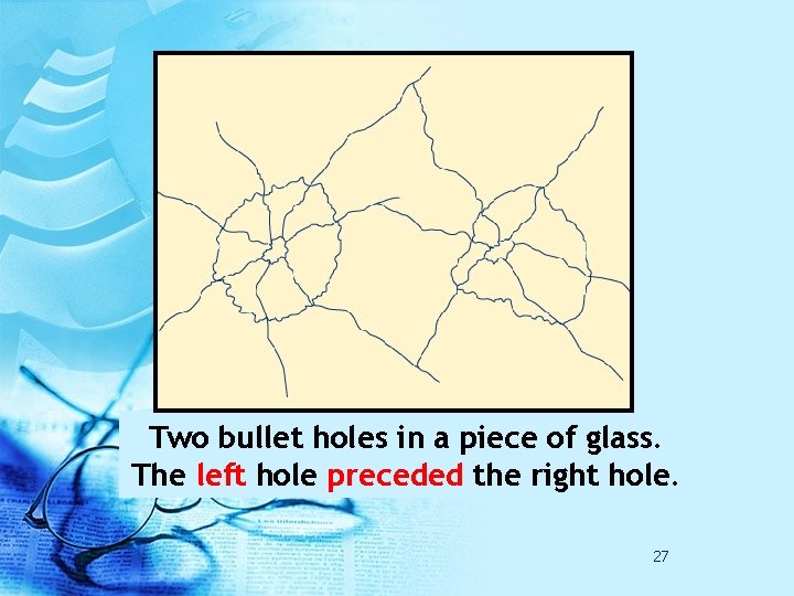 Two bullet holes in a piece of glass. The left hole preceded the right Two bullet holes in a piece of glass. The left hole preceded the right