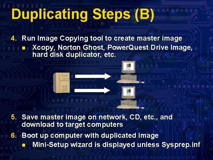 Duplicating Steps (B) 4. Run Image Copying tool to create master image n Xcopy,