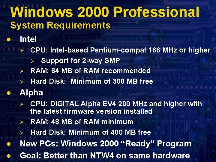 Windows 2000 Professional System Requirements l Intel Ø Ø Ø l Alpha Ø Ø