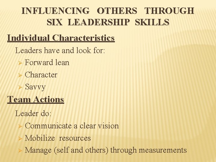 INFLUENCING OTHERS THROUGH SIX LEADERSHIP SKILLS Individual Characteristics Leaders have and look for: Ø INFLUENCING OTHERS THROUGH SIX LEADERSHIP SKILLS Individual Characteristics Leaders have and look for: Ø