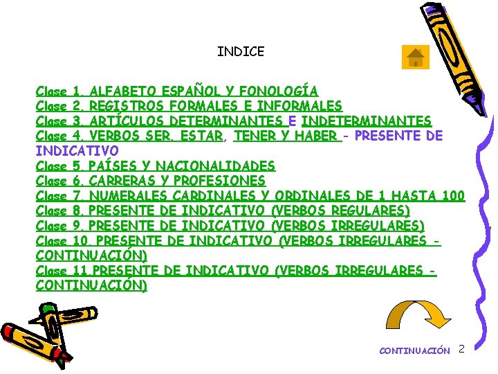 INDICE Clase 1. ALFABETO ESPAÑOL Y FONOLOGÍA Clase 2. REGISTROS FORMALES E INFORMALES Clase