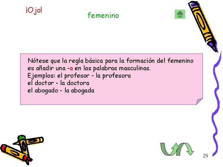 ¡Ojo! femenino Nótese que la regla básica para la formación del femenino es añadir