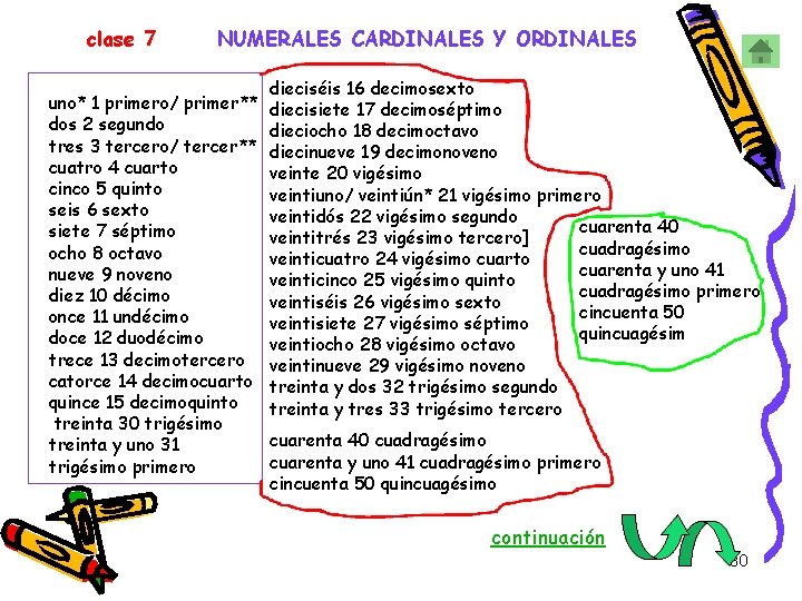 clase 7 NUMERALES CARDINALES Y ORDINALES uno* 1 primero/ primer** dos 2 segundo tres