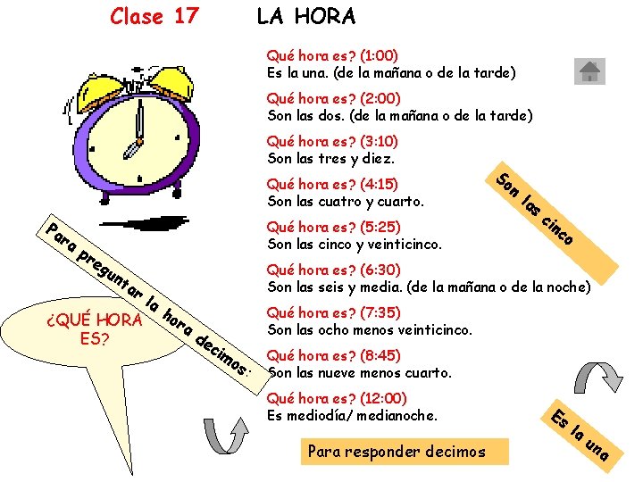 Clase 17 LA HORA Qué hora es? (1: 00) Es la una. (de la