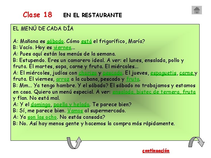 Clase 18 EN EL RESTAURANTE EL MENÚ DE CADA DÍA A: Mañana es sábado.