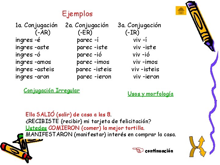 Ejemplos 1 a. Conjugación (-AR) ingres -é ingres -aste ingres -ó ingres -amos ingres