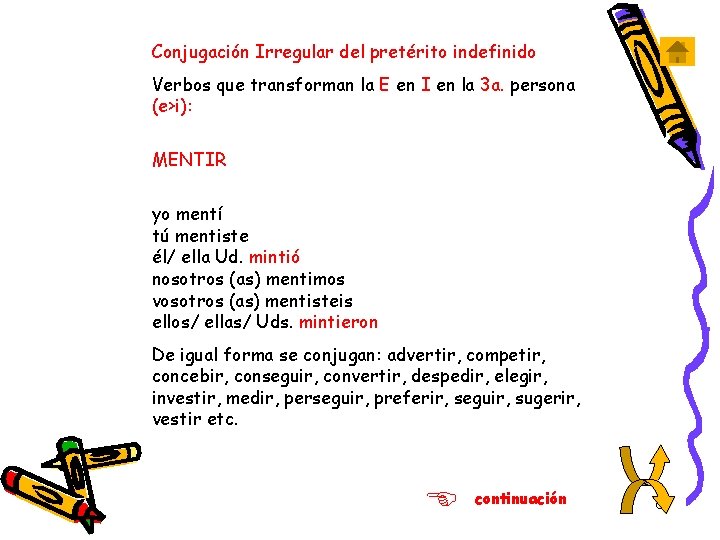 Conjugación Irregular del pretérito indefinido Verbos que transforman la E en I en la