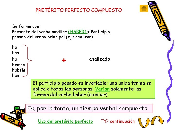 PRETÉRITO PERFECTO COMPUESTO Se forma con: Presente del verbo auxiliar (HABER) + Participio pasado