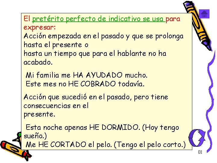 El pretérito perfecto de indicativo se usa para expresar: Acción empezada en el pasado