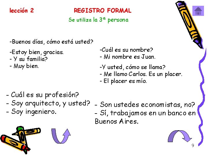 lección 2 REGISTRO FORMAL Se utiliza la 3ª persona -Buenos días, cómo está usted?