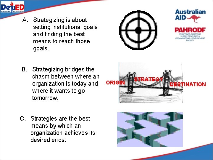 A. Strategizing is about setting institutional goals and finding the best means to reach