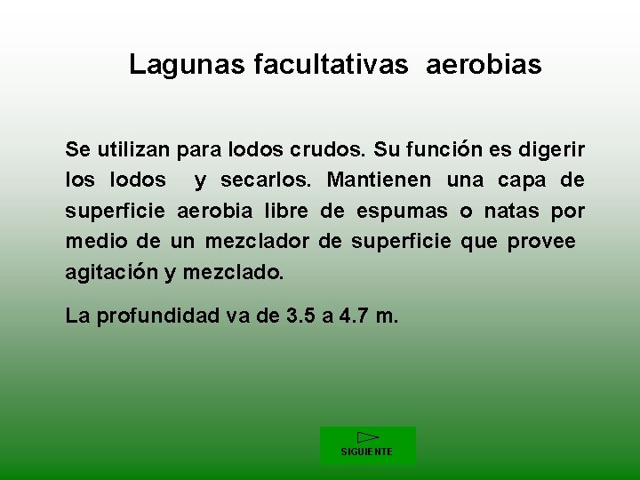 Lagunas facultativas aerobias Se utilizan para lodos crudos. Su función es digerir los lodos