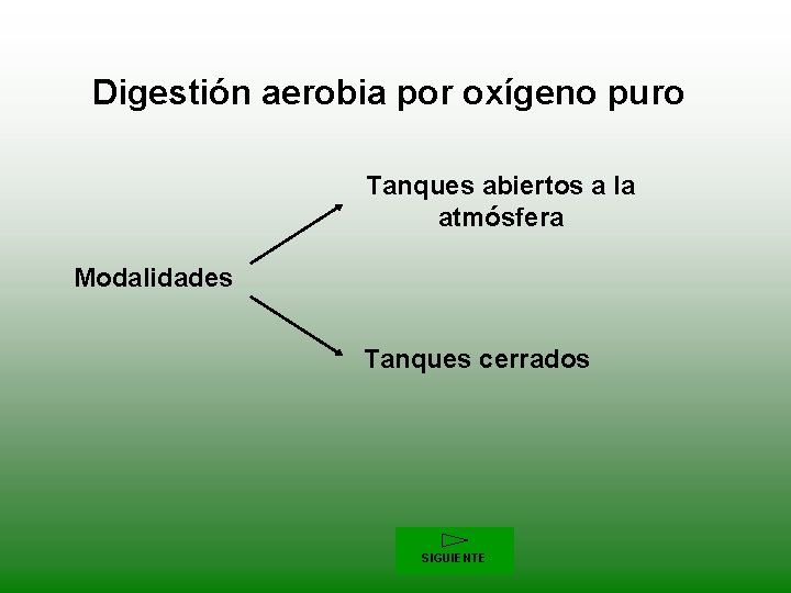 Digestión aerobia por oxígeno puro Tanques abiertos a la atmósfera Modalidades Tanques cerrados SIGUIENTE