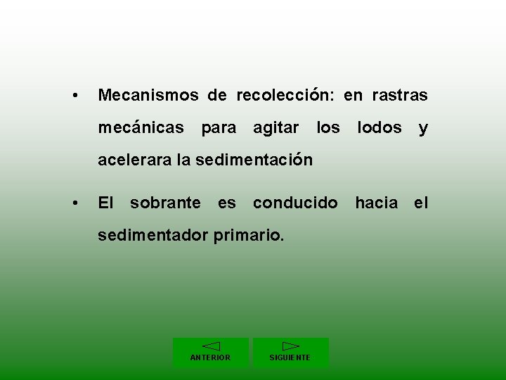  • Mecanismos de recolección: en rastras mecánicas para agitar los lodos y acelerara