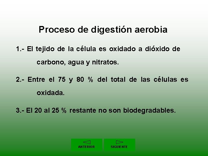 Proceso de digestión aerobia 1. - El tejido de la célula es oxidado a