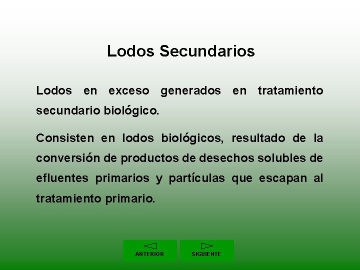 Lodos Secundarios Lodos en exceso generados en tratamiento secundario biológico. Consisten en lodos biológicos,