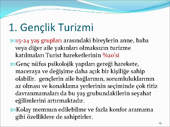 1. Gençlik Turizmi 15 -24 yaş grupları arasındaki bireylerin anne, baba veya diğer aile