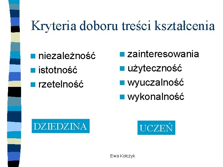 Kryteria doboru treści kształcenia n niezależność n zainteresowania n istotność n użyteczność n rzetelność