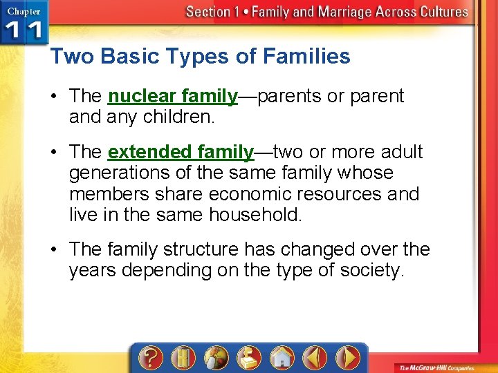 Two Basic Types of Families • The nuclear family—parents or parent and any children.