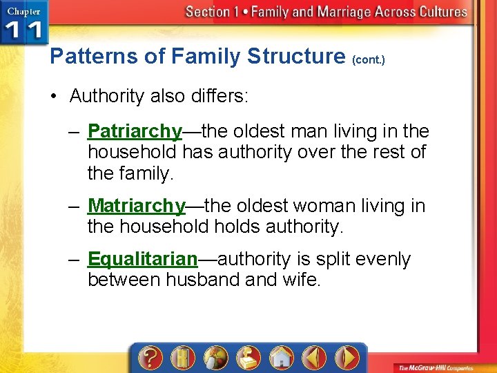 Patterns of Family Structure (cont. ) • Authority also differs: – Patriarchy—the oldest man