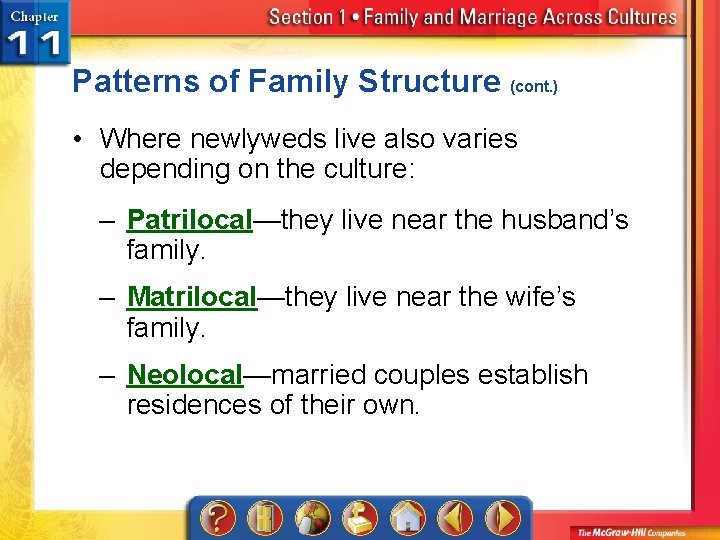 Patterns of Family Structure (cont. ) • Where newlyweds live also varies depending on
