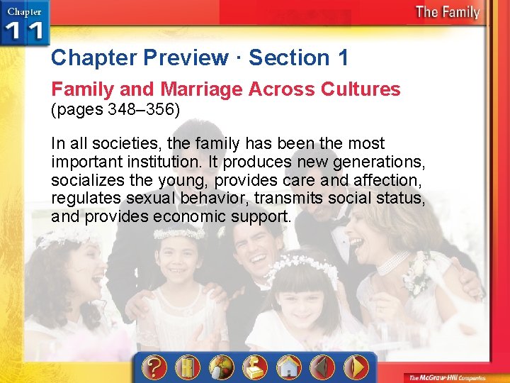 Chapter Preview · Section 1 Family and Marriage Across Cultures (pages 348– 356) In