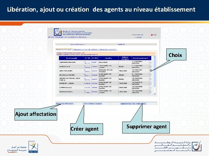 Libération, ajout ou création des agents au niveau établissement Choix x Ajout affectation Créer