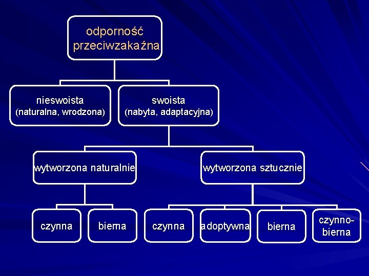 odporność przeciwzakaźna nieswoista (naturalna, wrodzona) (nabyta, adaptacyjna) wytworzona naturalnie czynna bierna wytworzona sztucznie czynna