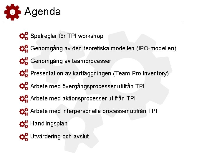 Agenda Spelregler för TPI workshop Genomgång av den teoretiska modellen (IPO-modellen) Genomgång av teamprocesser