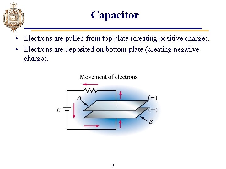 Capacitor • Electrons are pulled from top plate (creating positive charge). • Electrons are Capacitor • Electrons are pulled from top plate (creating positive charge). • Electrons are