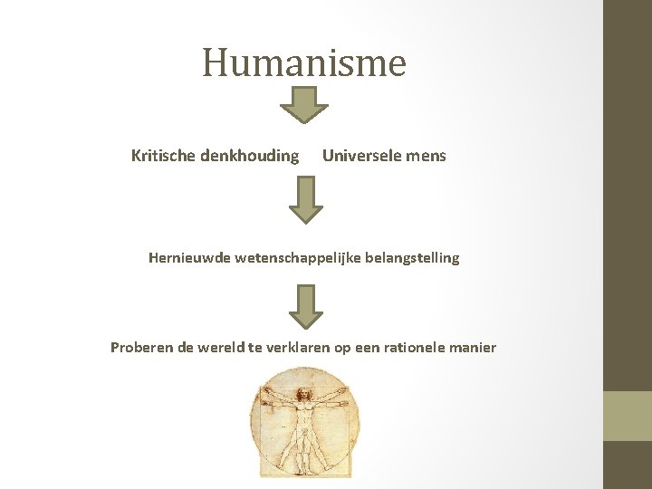 Humanisme Kritische denkhouding Universele mens Hernieuwde wetenschappelijke belangstelling Proberen de wereld te verklaren op