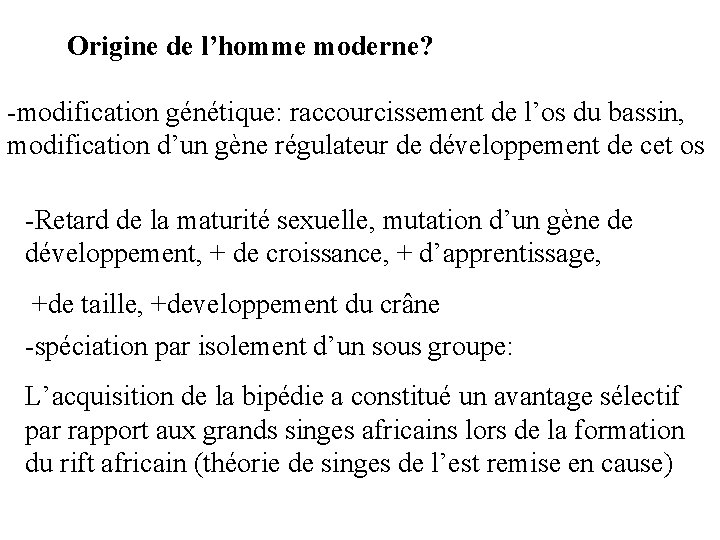 Origine de l’homme moderne? -modification génétique: raccourcissement de l’os du bassin, modification d’un gène