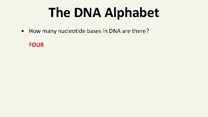 The DNA Alphabet • How many nucleotide bases in DNA are there? FOUR 